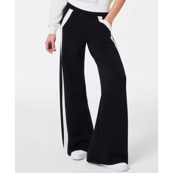 Spanx AirEssentials Striped Track Pant Very Black White High-Rise Waist Wide Leg - Picture 5 of 12